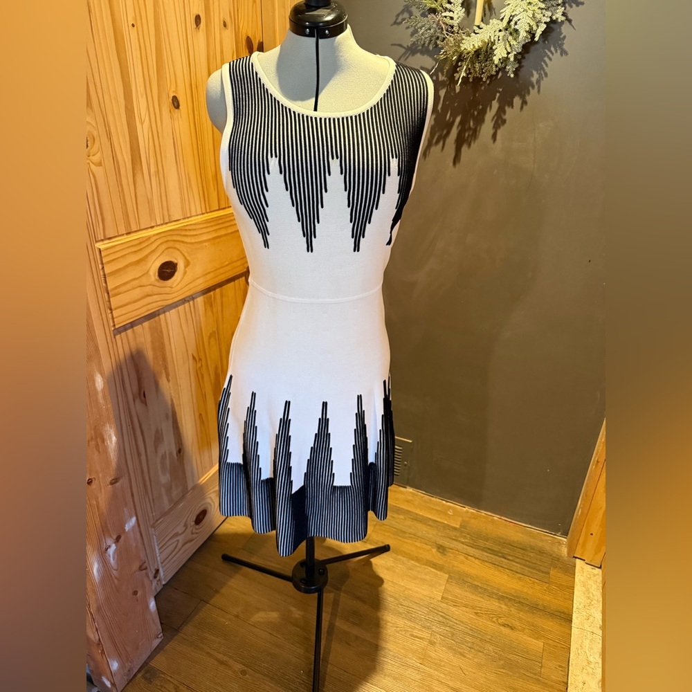 ❤️Calvin Klein Black & Soft Off White Sleeveless Fit & Flare Knit Dress -Sz LG